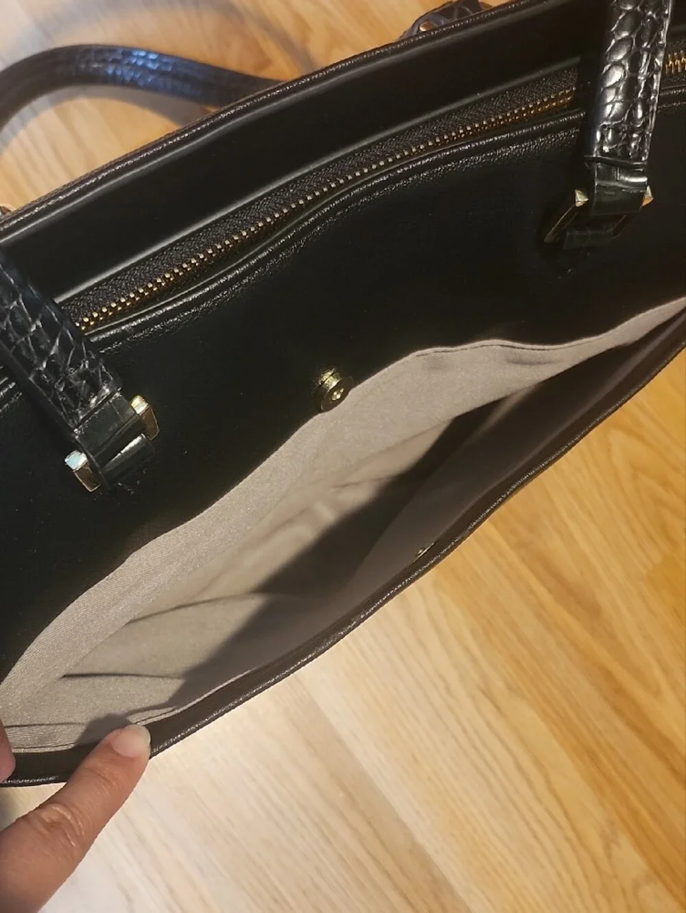 Black Structured Tablet Tote Bag with Croc-Texture Flap